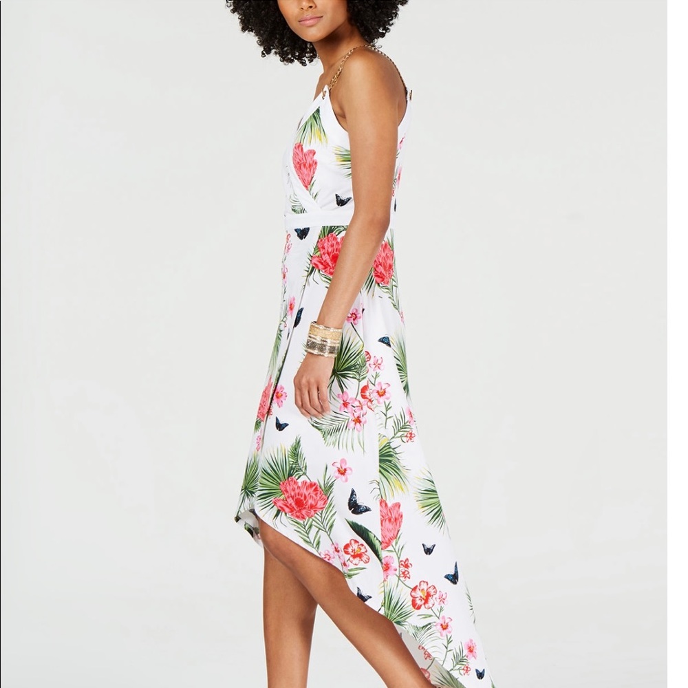 Thalia Sodi tropical high-low dress with flattering wrap cut look.